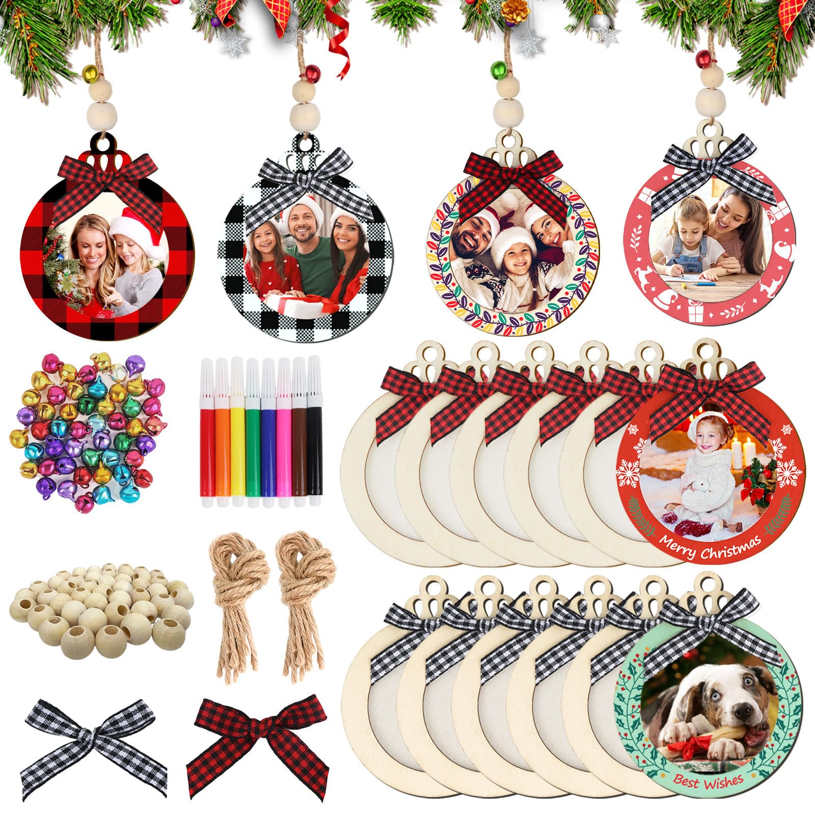 Photo 1 of AerWo 24PCS Christmas Picture Frame Ornaments for Christmas Tree, DIY Unfinished Wooden Photo Frame with Beads Bowknot and Colored Markers to Paint, Decorative Hanging Ornaments for Xmas Tree Decor