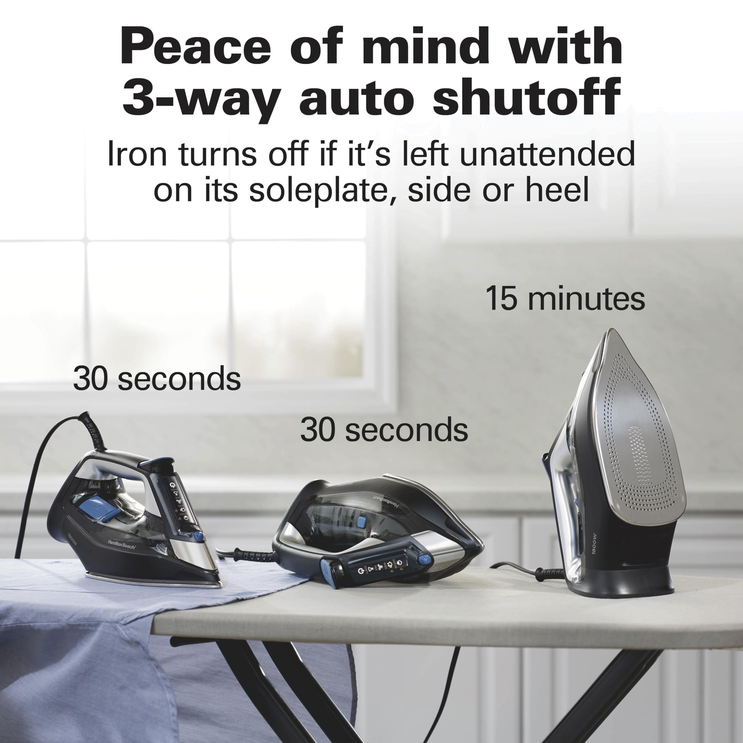 Hamilton Beach Steam Iron for Clothes & Garment Steamer with Intuitive FabricIQ Touchpad, Durable Stainless Steel Soleplate, 3-Way Auto Shutoff, 1800 Watts, 350ml Water Tank, 10' Cord, Black (14950)