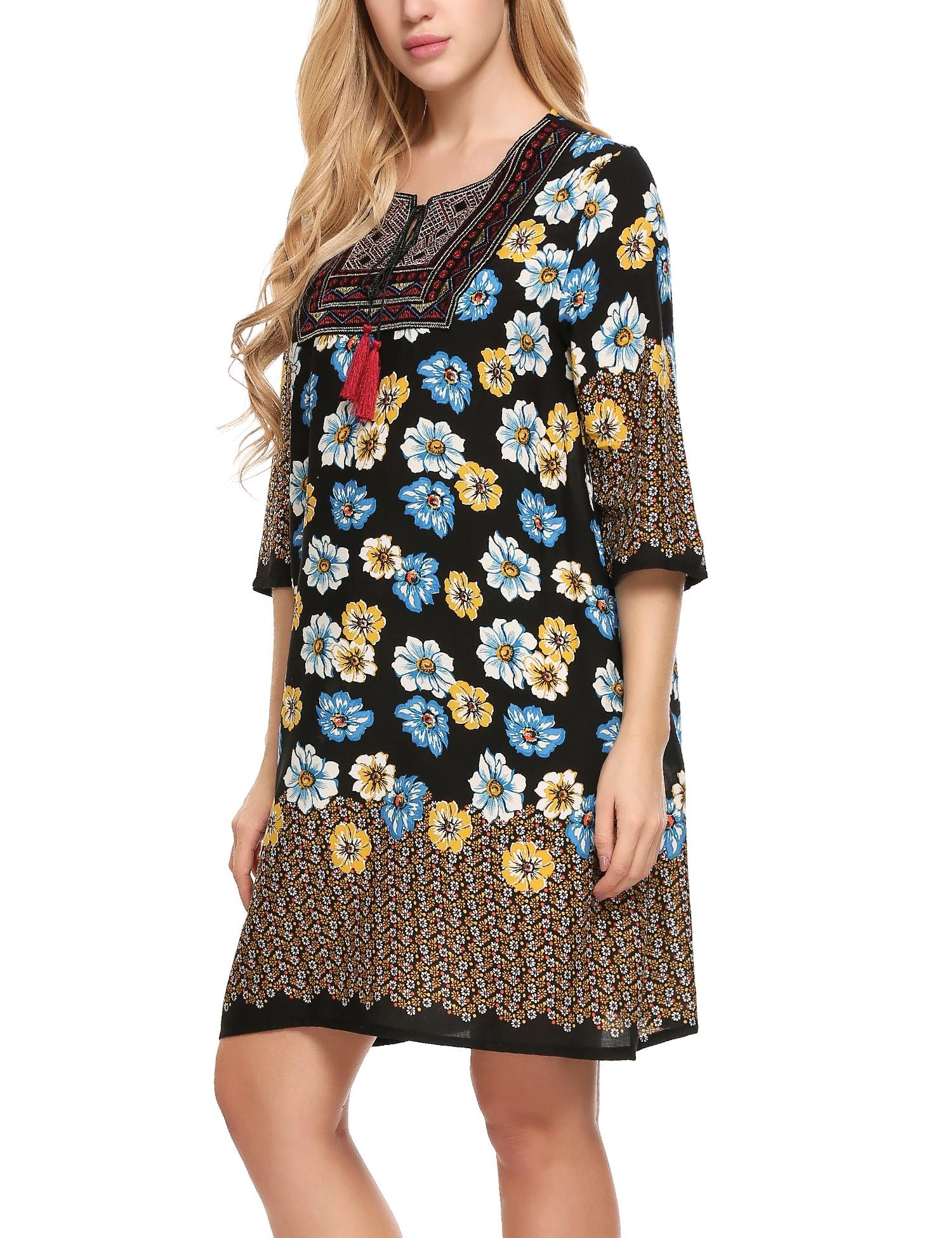 Elesol Women Summer Shift Dress Bohemian Neck Tie Vintage Printed Ethnic Style Pattern2 M