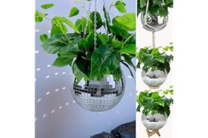 COUTINFLY Disco Ball Planter 8", Creative Mirror Ball Flower Pot Holder for Hanging Plant with Chain, Macrame Rope, Wooden Stand, Cute Plant Hanger for Indoor Outdoor Window Home Christmas Decorations, 1 Piece