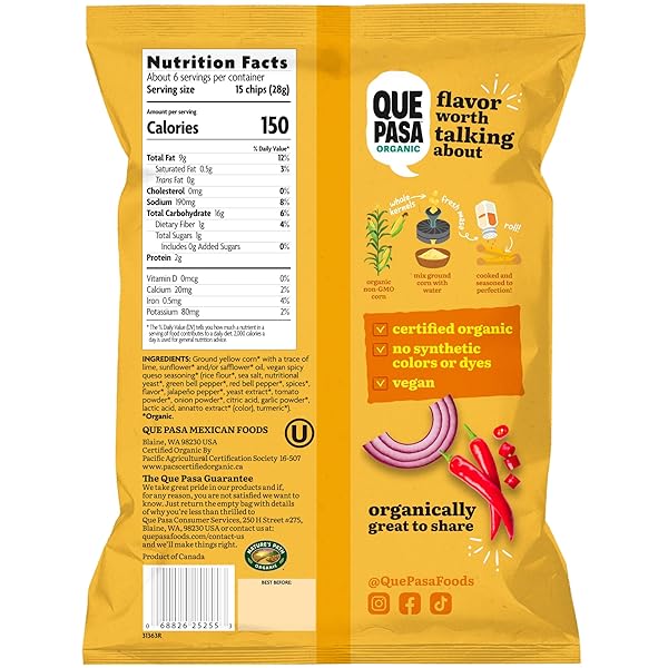 QUE PASA ORGANIC SPICY QUESO TORTILLA CHIPS, 6.5 OUNCE (PACK OF 1)