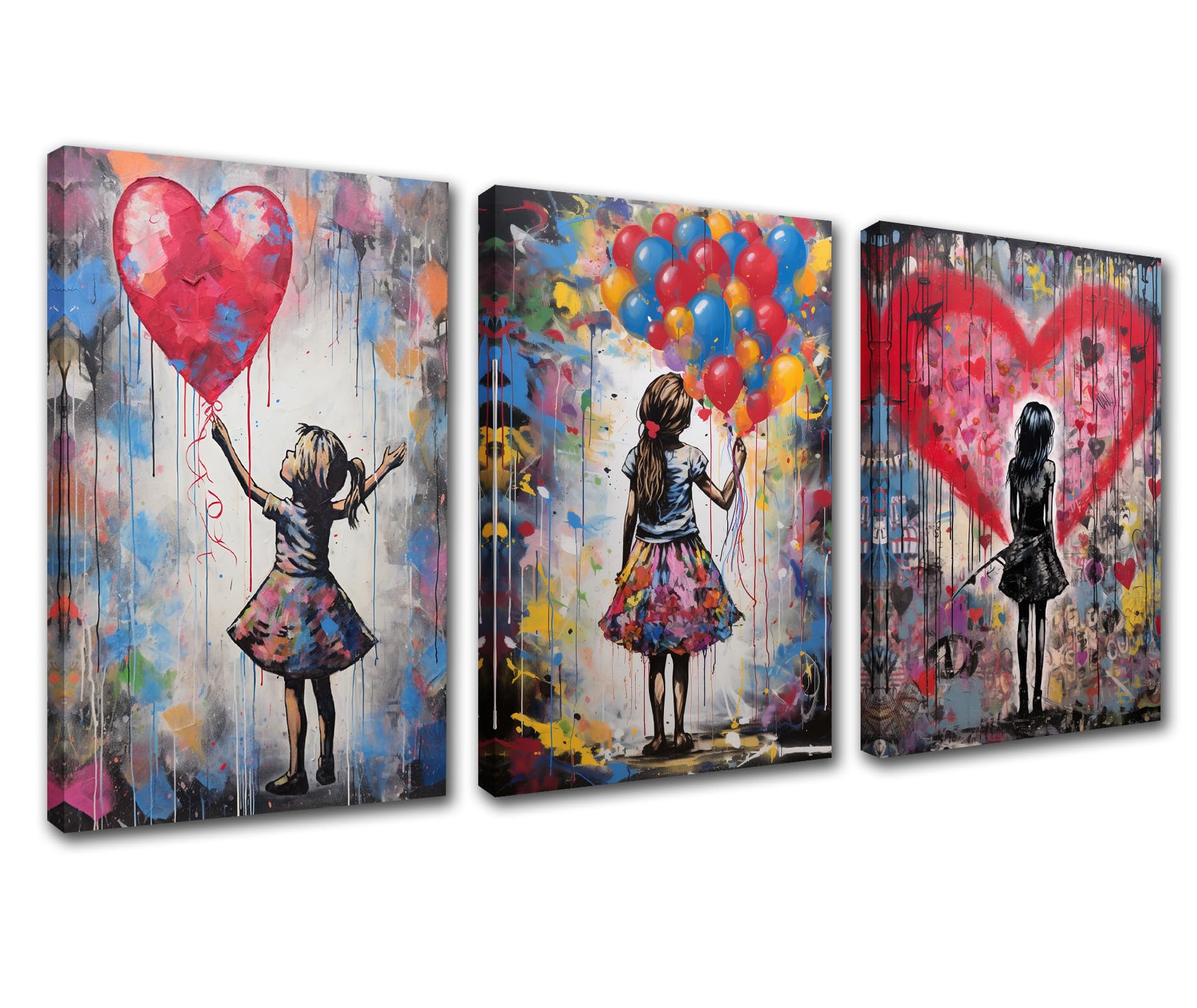 Graffiti Prints Poster Girl with Balloon Canvas Art Colorful Street Wall Picture Room Decor Watercolour Style Painting for Livingroom Home Wall Decor Funny Artwork Stretched Easy to Hang 42”Wx20”H