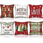 HunnmingRe 6 Set Red Christmas Throw Pillow Covers Winter Watercolor Pillow Cover 18 x 18 Inch Holiday Cushion Case Decoration Seasonal Decorative Outdoor Pillowcase for Couch Sofa Porch Farmhouse