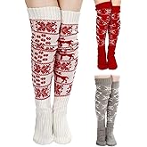 Shyyween 3 Pairs Christmas Thigh High Socks for Women Cable Knit Over the Knee Boot Socks Xmas Gift Long Warm Leg Warmers for Women Winter Leg Warmers
