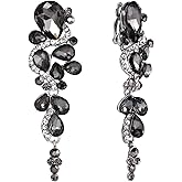 BriLove Wedding Bridal Clip-On Earrings for Women Bohemian Boho Crystal Multiple Teardrop Chandelier Dangle Jewelry Grey Black Silver-Tone
