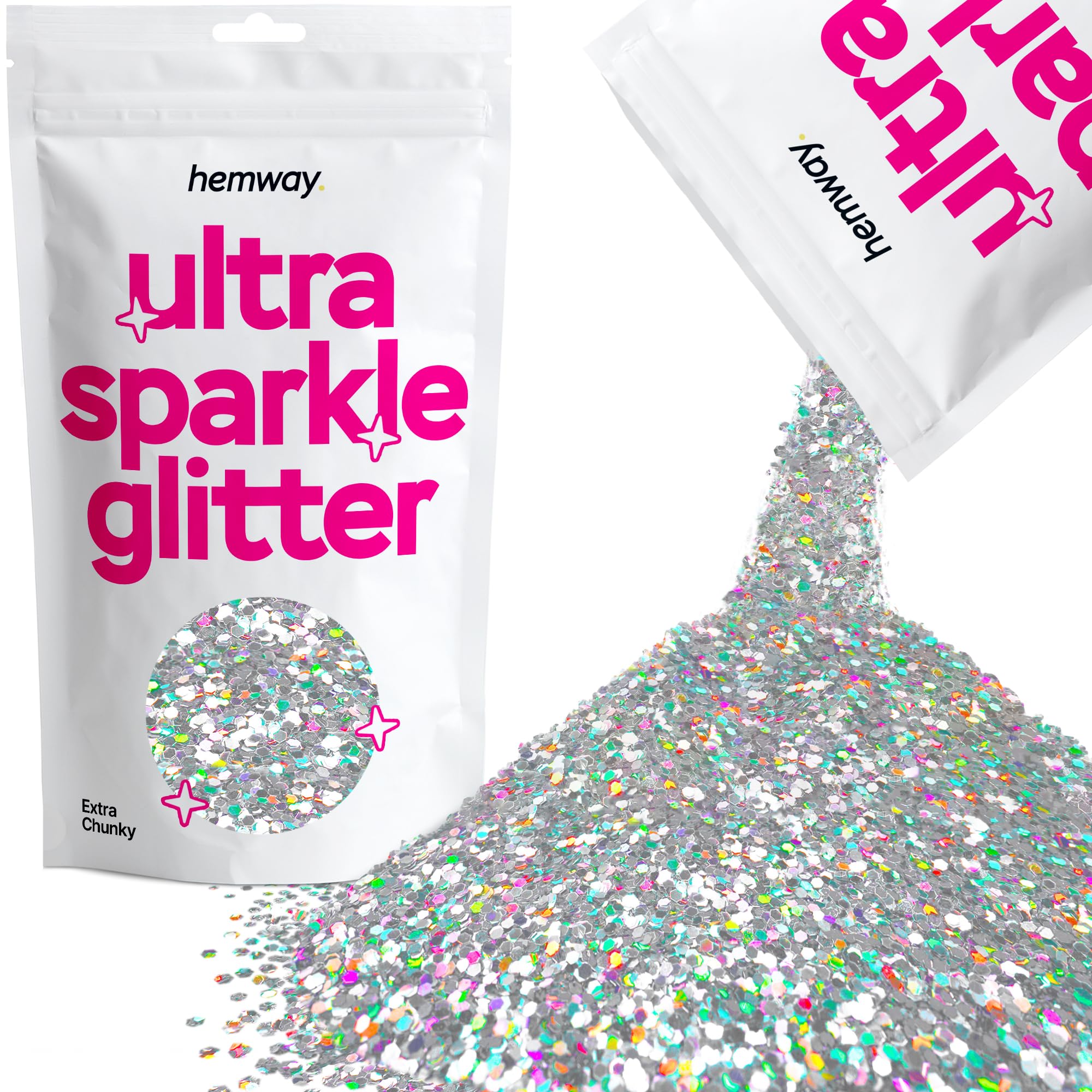 Hemway Ultra Sparkle Glitter Silver Holographic 100g Extra Chunky | Glitter for Arts & Craft, Makeup, Nail Art, Crafting, Card Making, Sparkle Decoration