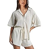 IQSQSQ 2 Piece Crochet Swimsuit Cover Ups for Women Hollow Out Knit Half Sleeve Tops Shorts Sets