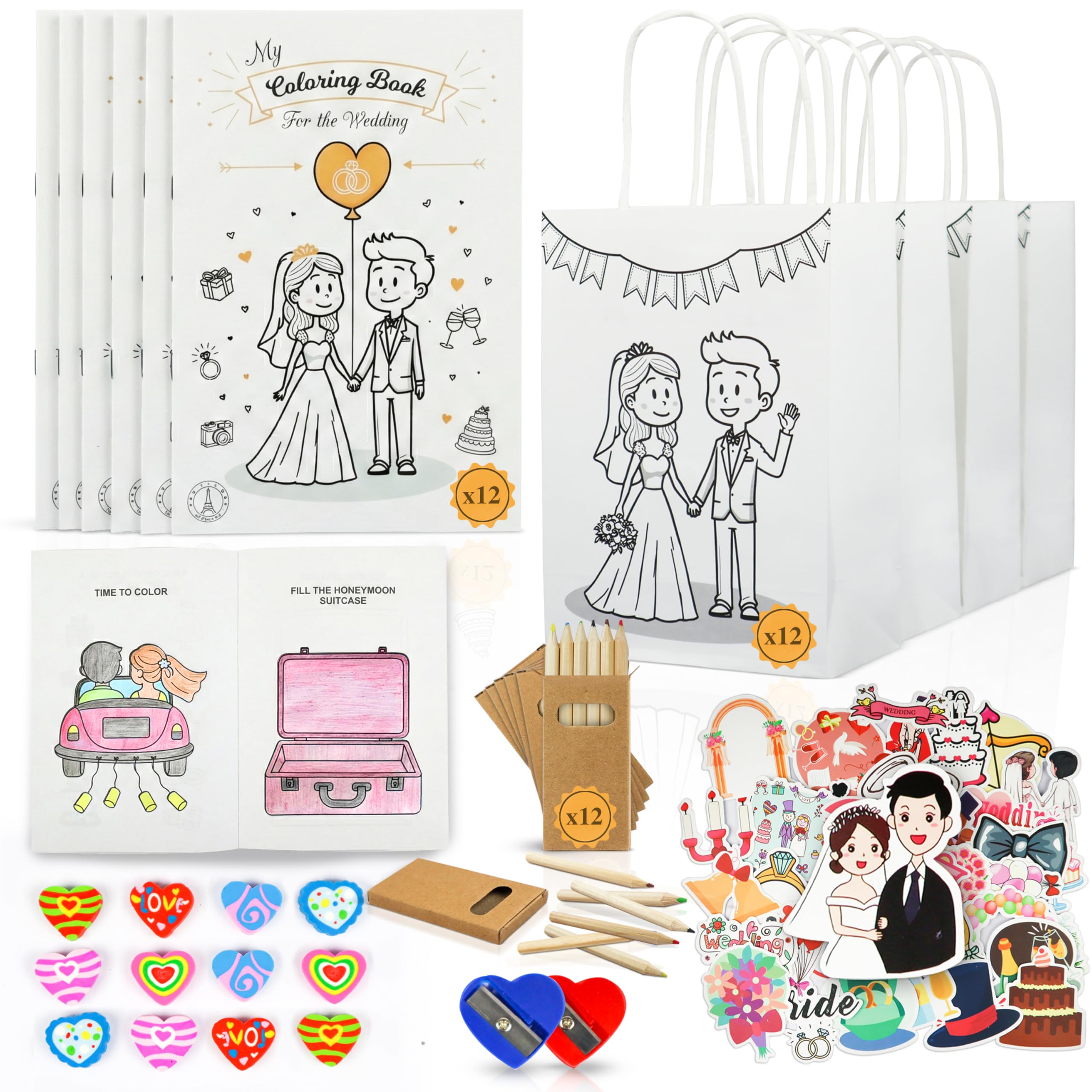 Pack of 12 Kids Wedding Activity Packs – Includes Wedding Colouring Books for Children, Crayons, Gift Bags – Fun Party Favours and Games to Keep Little Guests Entertained – Unique Favours for Guests
