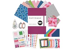 PAPERAGE Junk Journal & Scrapbook Kit, Hardcover Blank Journal Notebook, 20 Patterned Papers, 8 Sticker Sheets, 20 Die-Cut Shapes, 2 Washi Tapes & Tape Roller, Creative Journaling Supplies - Raspberry
