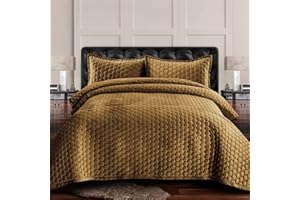 Tribeca Living Velvet King Quilt, Three-Piece Honeycomb Stitch Bedding Set Includes One Oversized Quilt & Two Sham Pillowcases, 260GSM Super Soft Velvet, Lugano/Camel