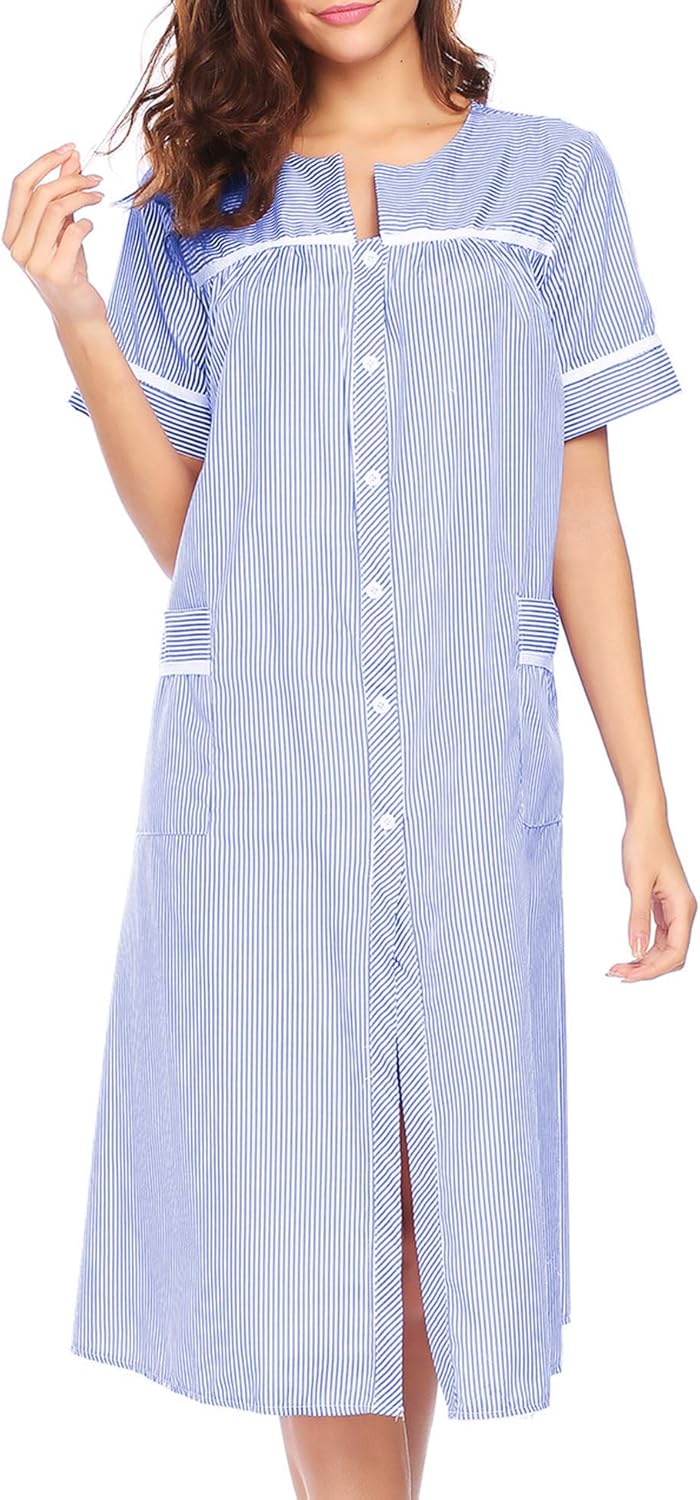 Ekouaer Women's Striped Sleepwear Button Down Duster Short Sleeve House Dress Nightgown S-XXL at  Women’s Clothing store