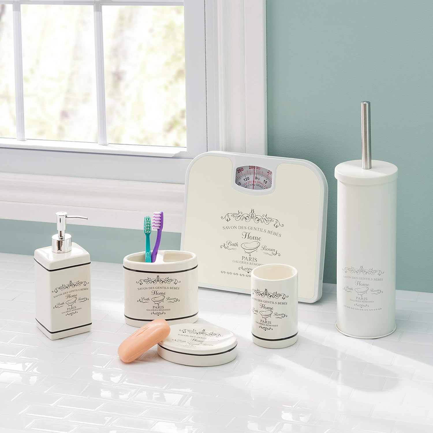 Home Basics Paris Collection 4 Piece Bathroom Accessories Set Featuring a Soap Dispenser, Toothbrush Holder, Tumbler, and Soap Dish: Kitchen & Dining