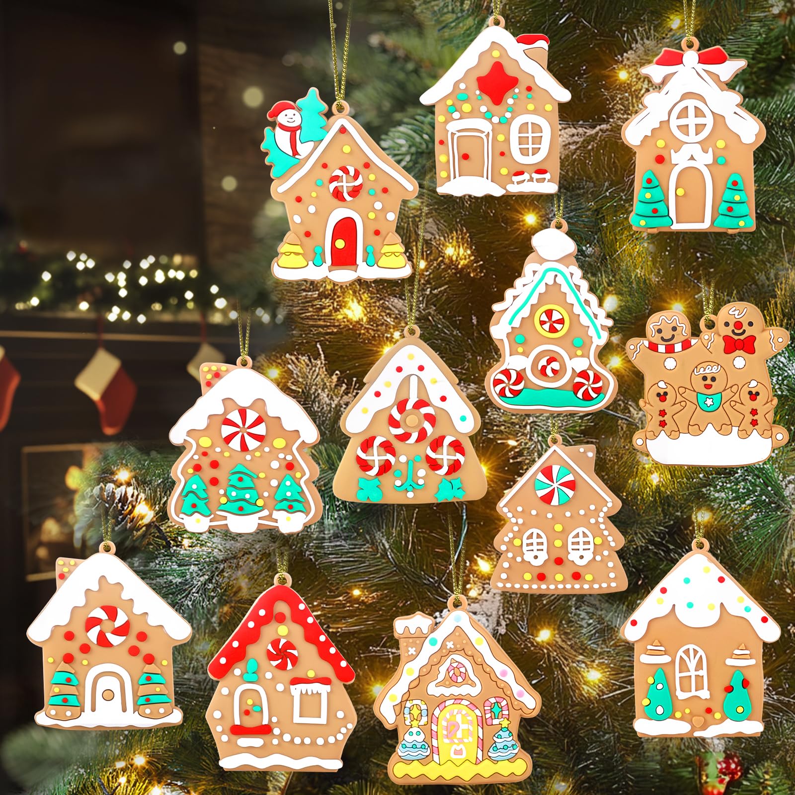 Photo 1 of  Gingerbread House Hanging Ornaments for Christmas Tree Decorations, House Figurines for Home Holiday Decor