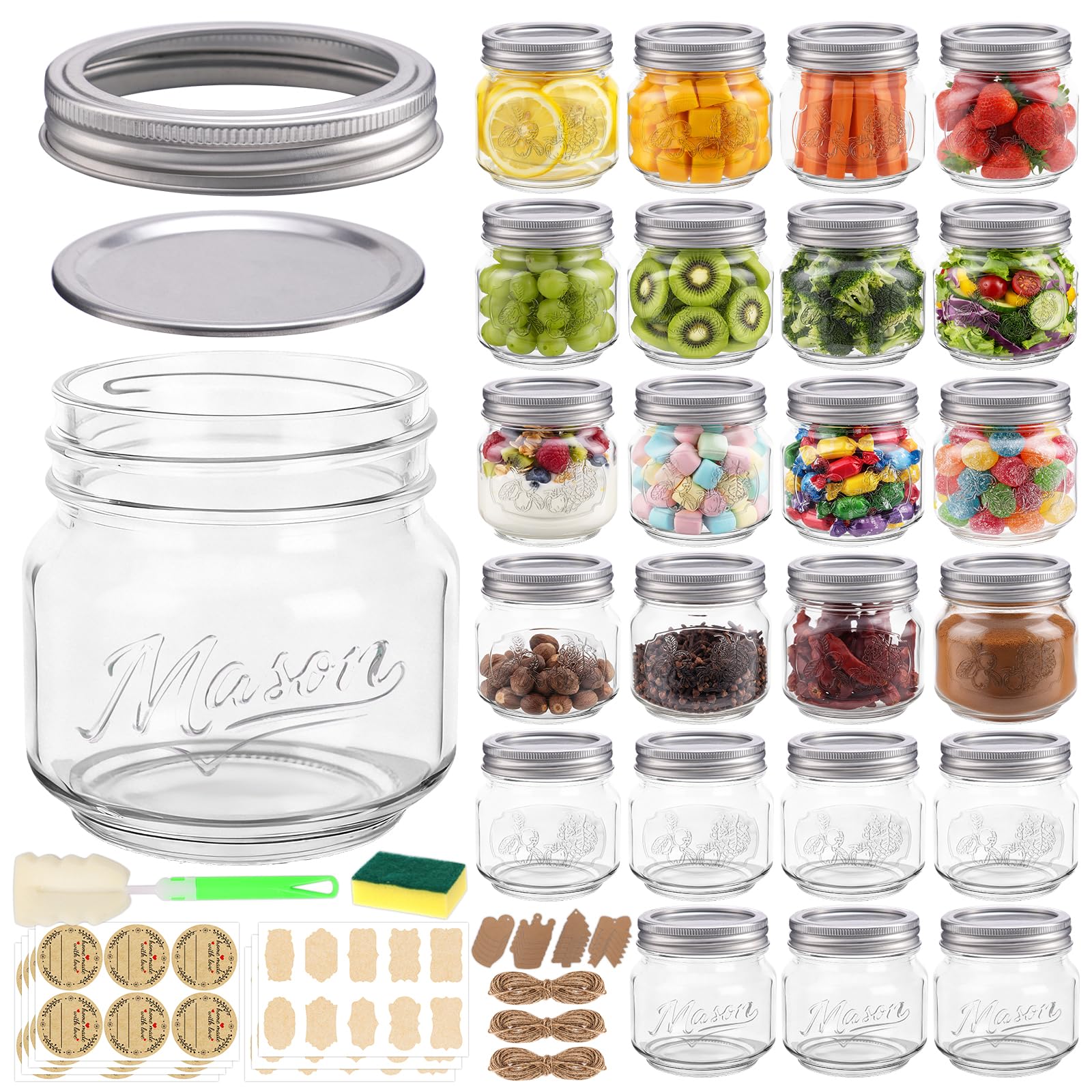Photo 1 of 24 Pack 8 oz Mason Jars with Lids, Half Pint Canning Jars with Embossed Fruit Pattern, Small Glass Jars for Storing, Pickling, Jam, Overnight Oats, Wedding & Party Favors, Candle Making and DIY Crafts