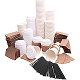 Disposable Coffee Cups with plastic lids, cardboard sleeves and stir straws (125 count) White 12oz, Paper Hot Plastic Travel Lid Office/Party Pack