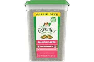 Greenies Feline Smartbites Skin & Fur Health Crunchy and Soft Cat Treats, Salmon Flavor, 16 oz. Tub
