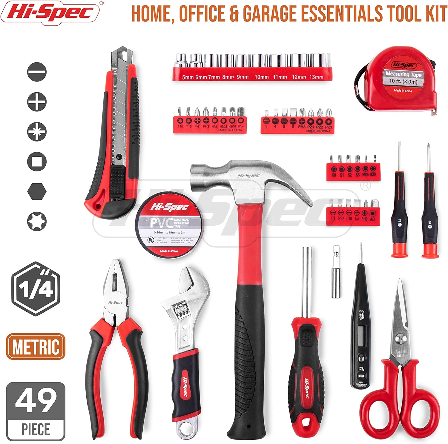 Hi-Spec 49 Piece Garage & Home Tool Kit with Low Vibration Claw Hammer, Adjustable Wrench, Metric 1/4" Sockets, Precision Screwdrivers, Combination Pliers, Bit Driver & Screw Bits Tool Set in Box - - 