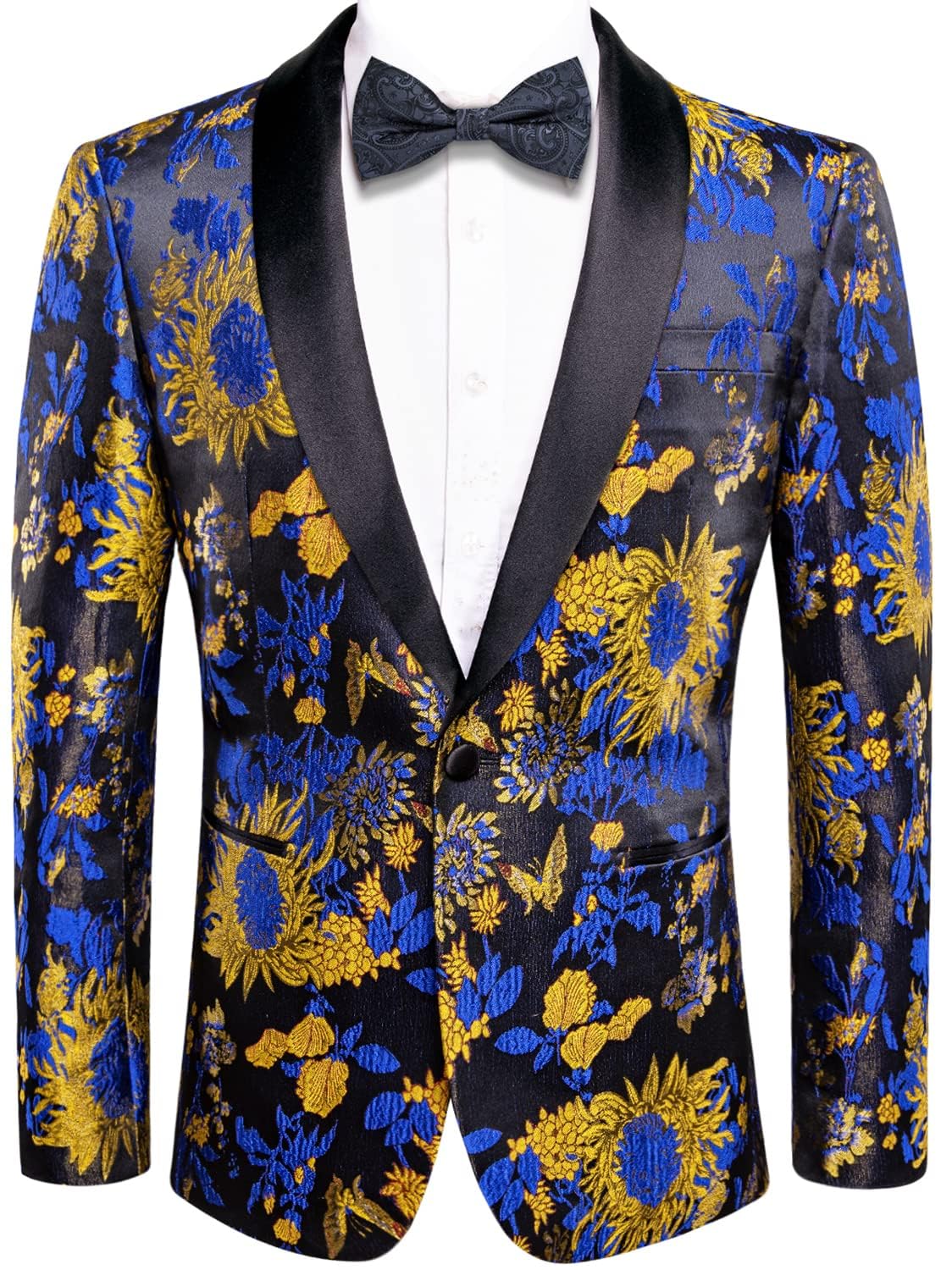 Hi-Tie Stylish Men Suit Jacket Blazer Shawl Lapel One Button Slim Fit Long Sleeve Jacket Tuxedo Party Dinner,Royal Blue Yellow,Large Image