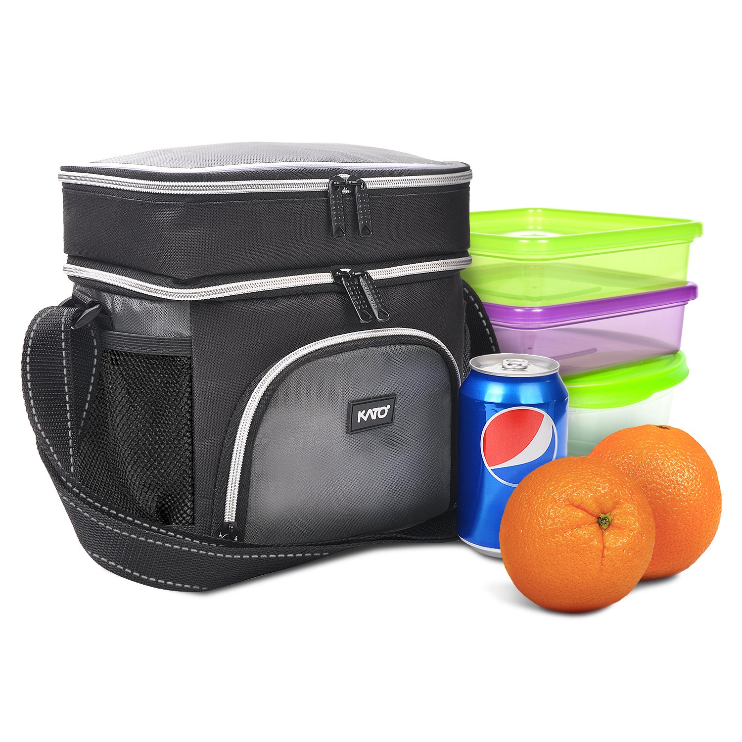Insulated Lunch Cooler Bag, Kato Adult Dual Compartment Reusable Bento Lunch Box Tote with Shoulder Strap, Grey