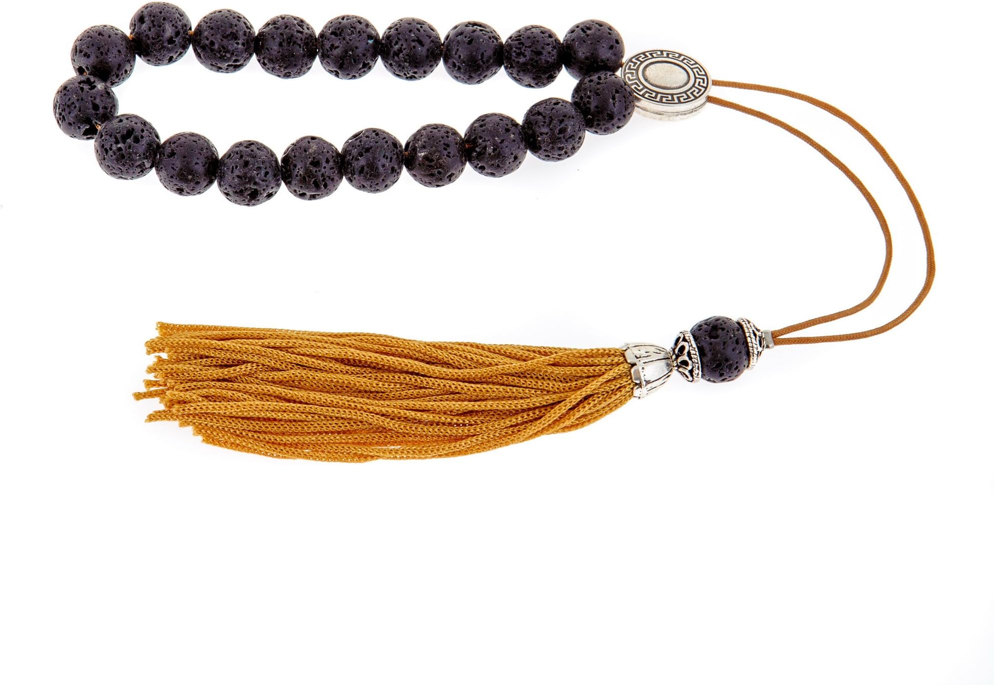 Black Lava Stone, Handmade Greek Worry Beads or Komboloi with Alpaca Metal Parts on Pure Silk Cord & Tassel, Length 33cm (13'')