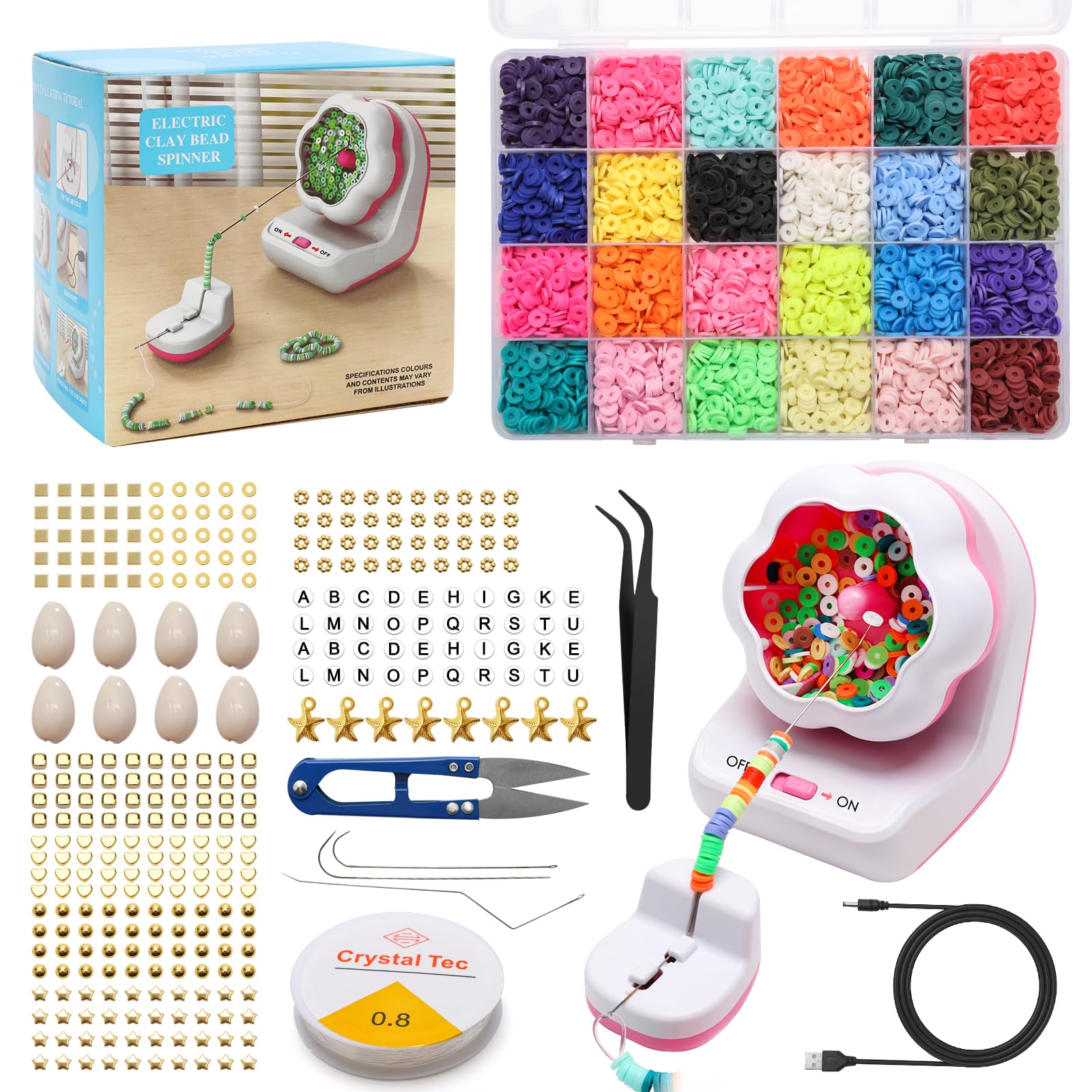 Zhichengbosi Clay Bead Spinner, Pink Electric Bead Spinner with 4800 PCS Clay Beads, Big Eye Beading Needles, Many Kinds of Beads Kit for DIY Jewelry Making, Waist, Bracelets, Necklaces