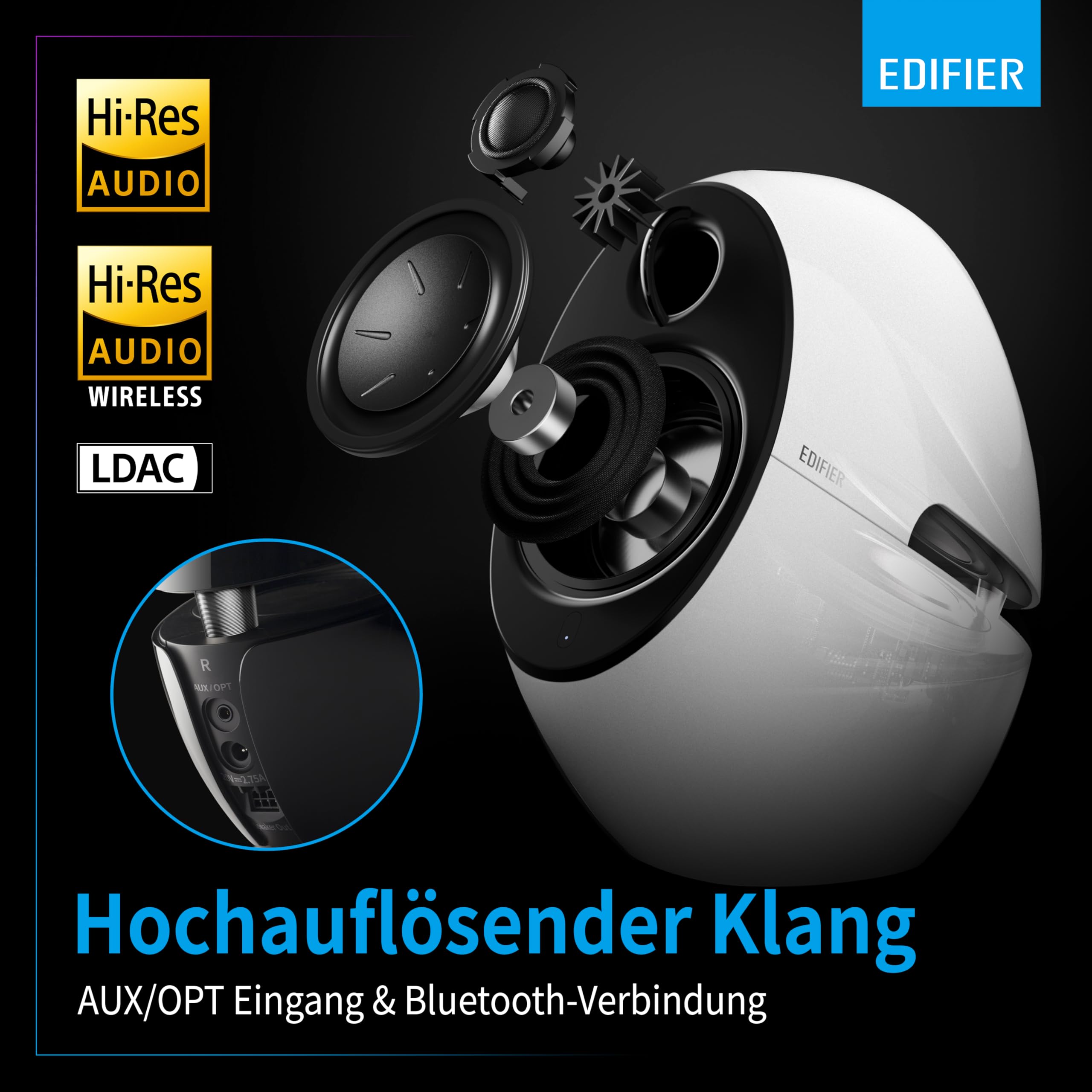 Edifier E25HD Bluetooth Lautsprecher-Set – 74Watt – Hervorragende Soundqualität mit Bassreflexmembran – LDAC-Technologie – Bluetooth 5.3 – Elegantes Design – Optische + Aux-Anschlüsse – Weiß 7