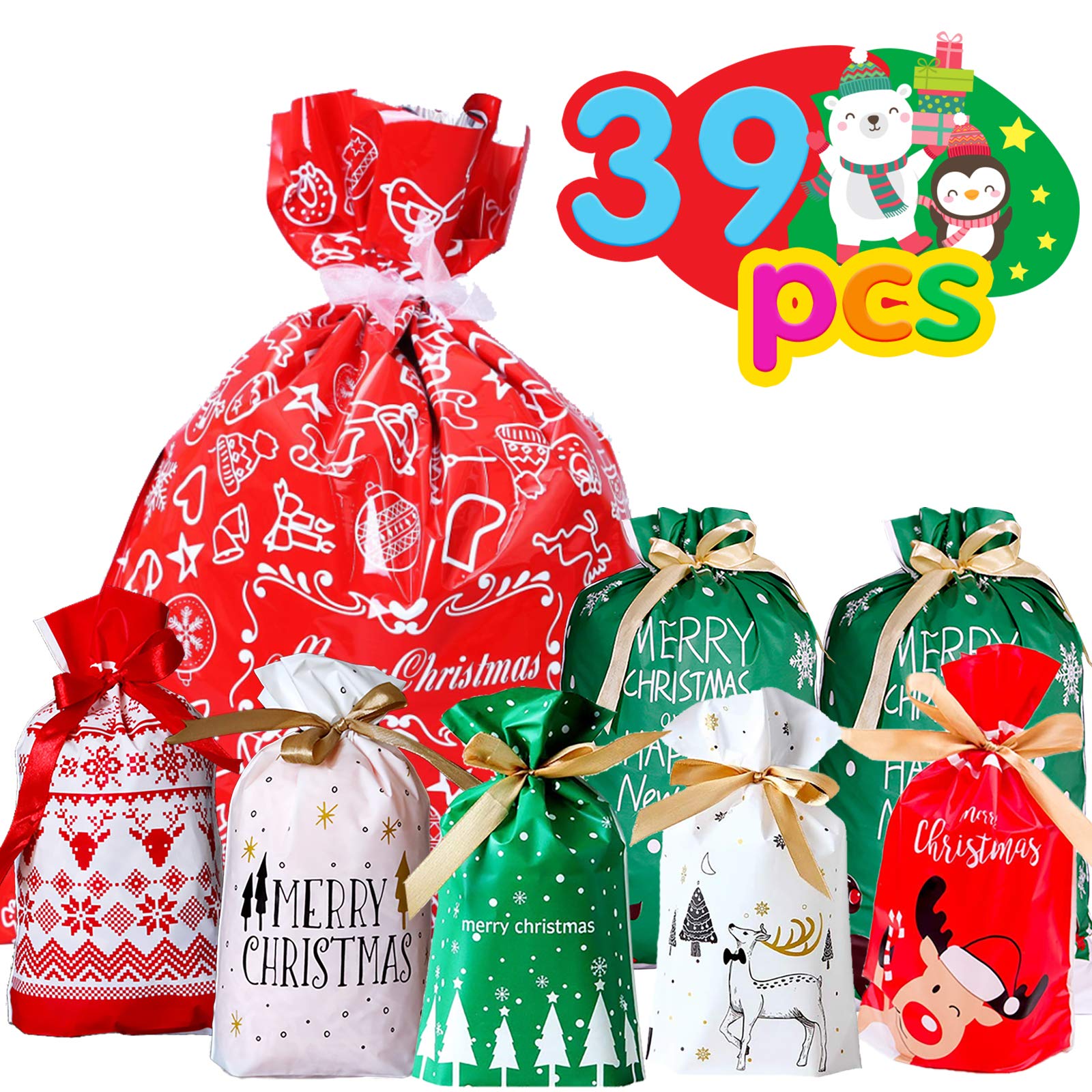 Funnlot Christmas Bags for Presents 39 PCS Xmas Gift Bags Large Christmas Drawstring Wrapping Bags Assorted Sizes Presents Bag with Tags for Xmas Treat Candy Bag with Ribbon