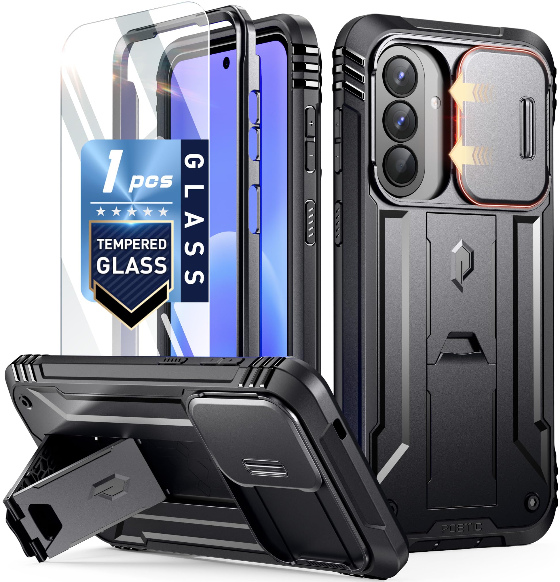 Poetic Revolution Case for Samsung Galaxy A57, | Slide Camera Cover | Tempered Glass Screen Protector | 20FT Mil-Grade Drop Tested | Full-Body Rugged Dual-Layer Shockproof Cover with Kickstand, Black