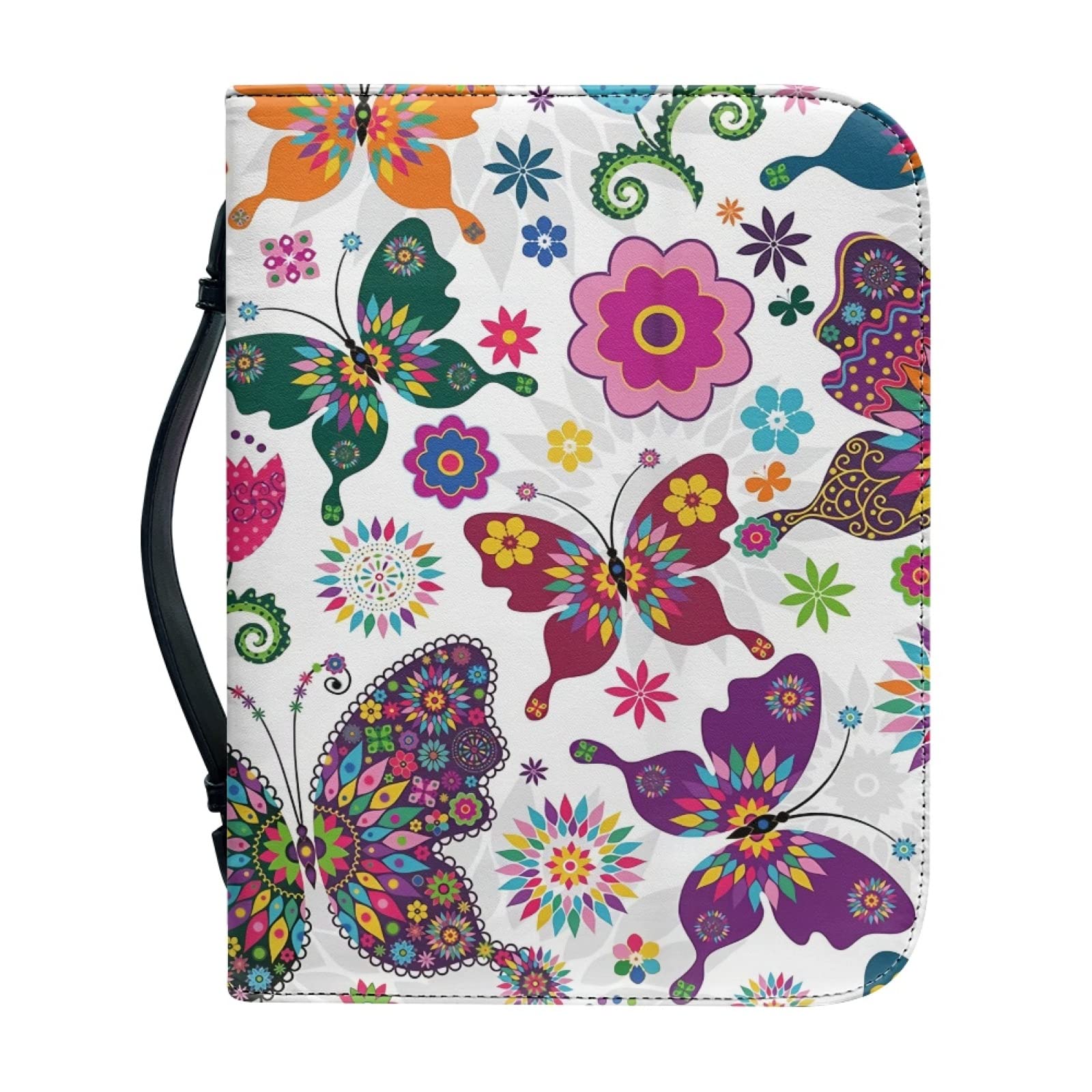 Kuiaobaty Folk Art Butterfly PU Leather Bible Cover Bag, Colorful Butterflies Floral Book Case Zipper for Study Bible Large Small