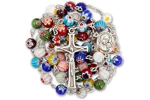 Nazareth Store Murano Glass Rosary Necklace Handmade Multicolor Millefiori Beads Rosario Holy Soil Medal and Cross Crucifix