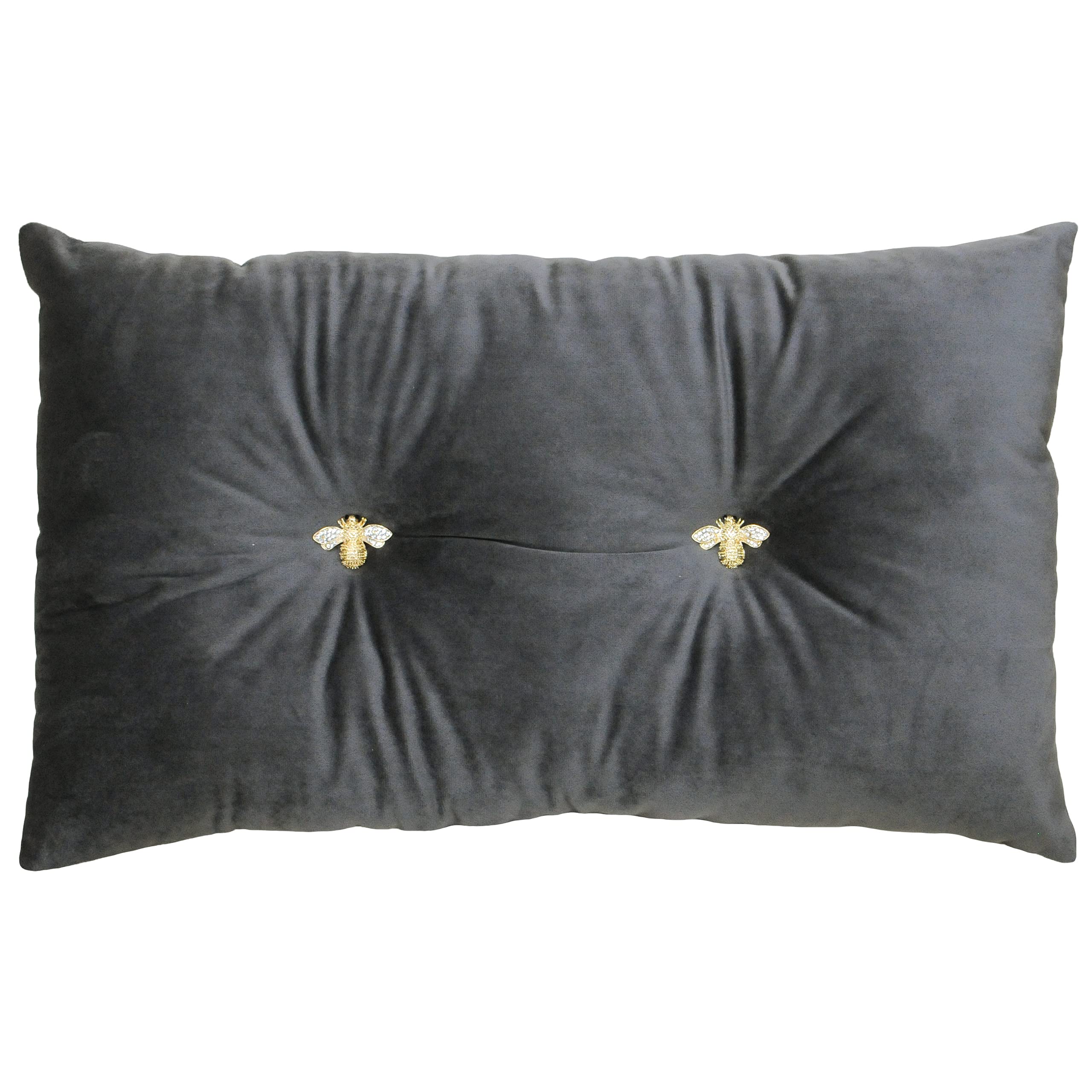 Bumble Rectangular Bee Scatter Cushion - Charcoal Grey - Faux Velvet Look and Feel - Jewelled Metal Bee Buttons - Polyfilled - 100% Polyester - 30 x 50cm (12" x 20" inches) - Made by Riva Paoletti