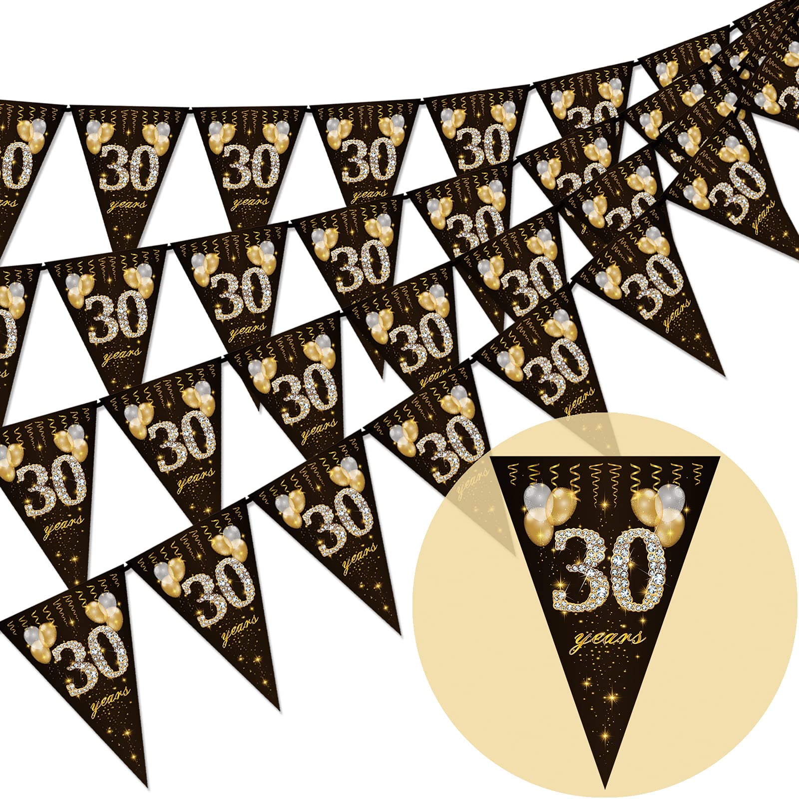 30th birthday bunting, Happy Banner Bunting Flags, 40 Pieces Triangle Gold Black Glitter Diamond by Numbers 30th Birthday Anniversary Theme Party Decoration Supplies