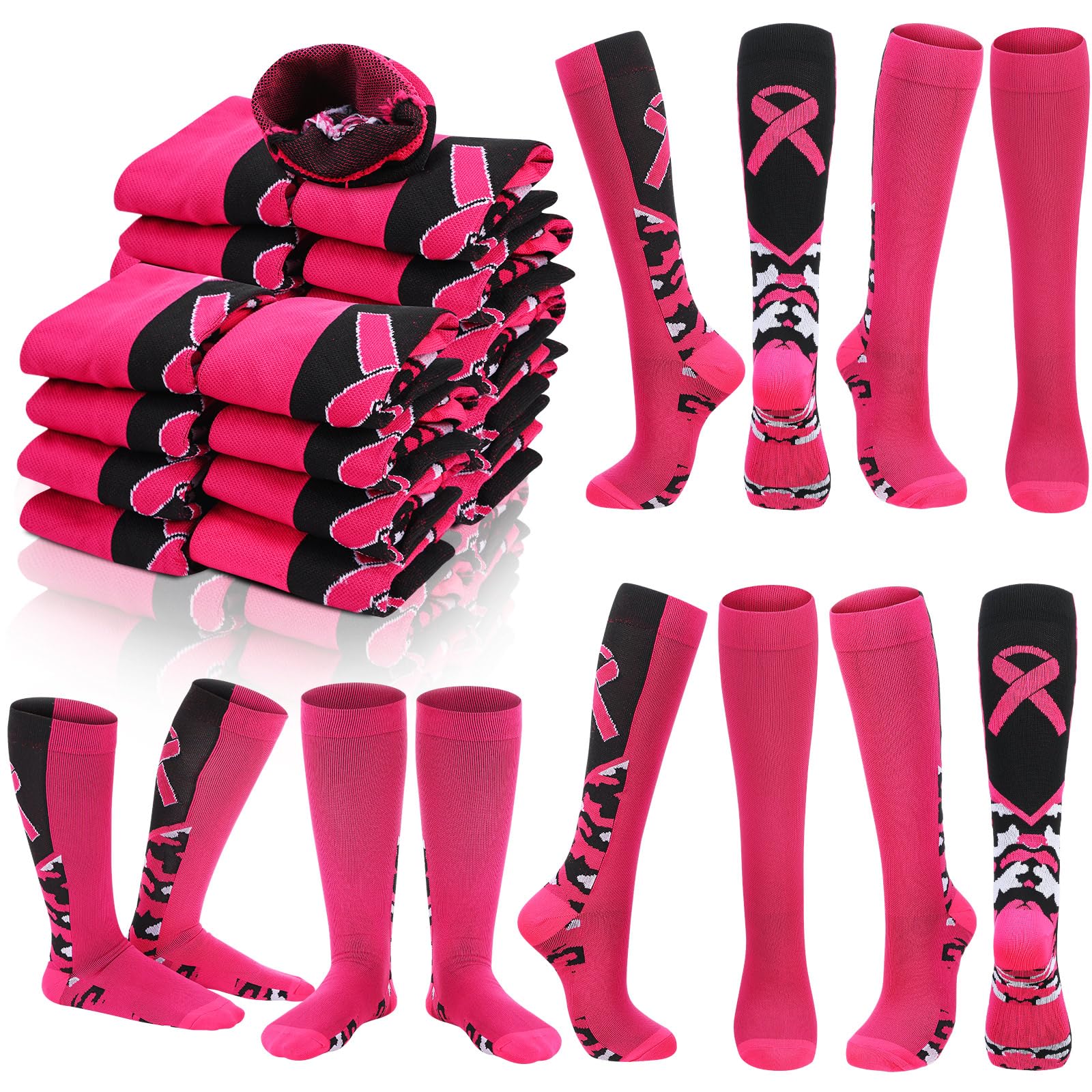 Photo 1 of Foaincore 24 Pairs Pink Ribbon Socks Bulk Breast Cancer Awareness Support Pink Out Day Football Volleyball Compression Socks(Vivid)