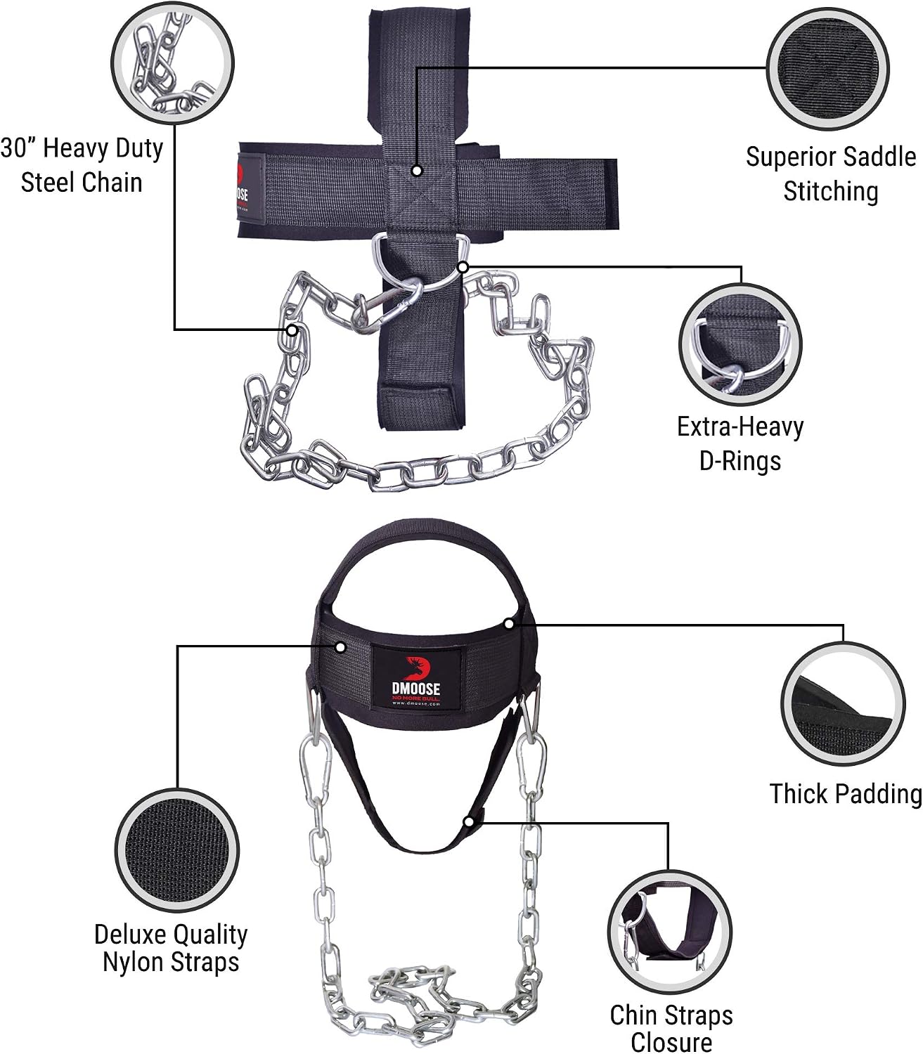 DMoose Fitness Neck Harness for Weight Lifting, Adjustable Head & Chin Strap with 30" Heavy Duty Steel Chain, Neck Exerciser - Image 3