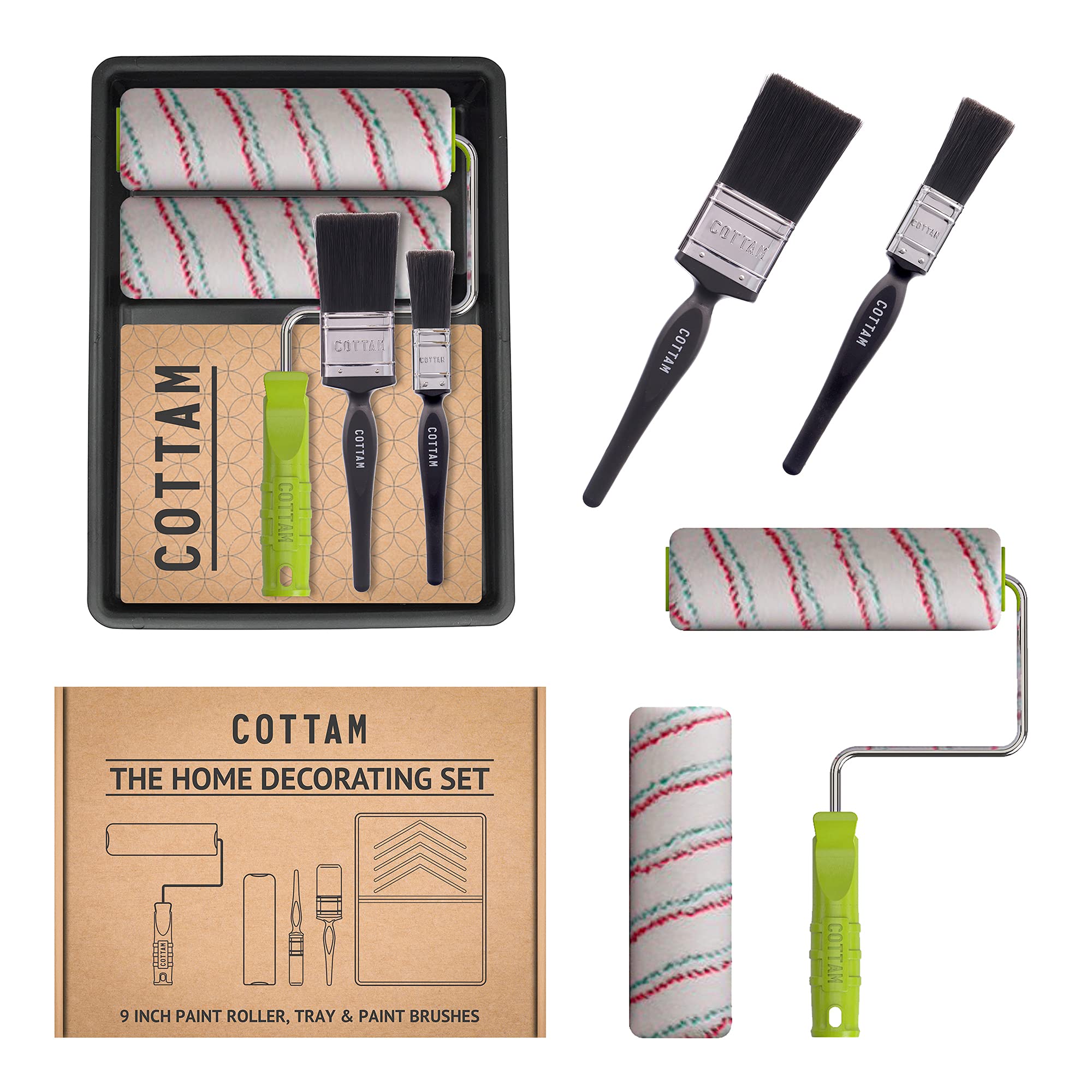 COTTAM | Paint Roller and Tray Set | Emulsion Non Drip Paint Roller Sleeves | Gloss Paint Brushes | Decorating Set for Ceiling, Walls & Doors