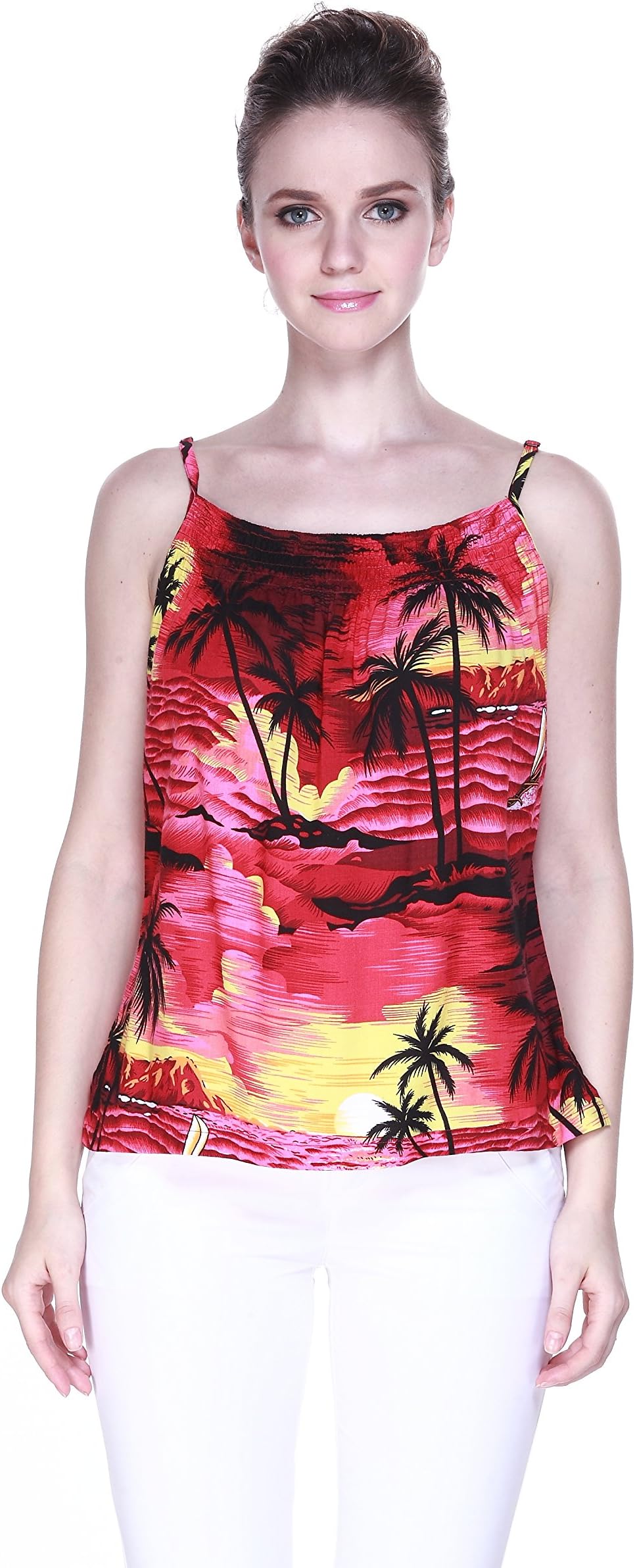 LLJ Hawaii Women's Hawaiian Spaghetti Strap Tank Top in Sunset Red