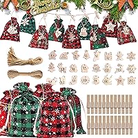 2025 Christmas Advent Calendar Bags, 24 Days Countdown Drawstring Burlap Calendar with Clips and Hemp Rope, Hanging Gift Cand