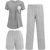 Ekouaer 3 Piece Maternity Pajamas Set Postpartum Nursing Short Sleeve Breastfeeding Sleepwear Pregnancy Shorts & Pants Pjs