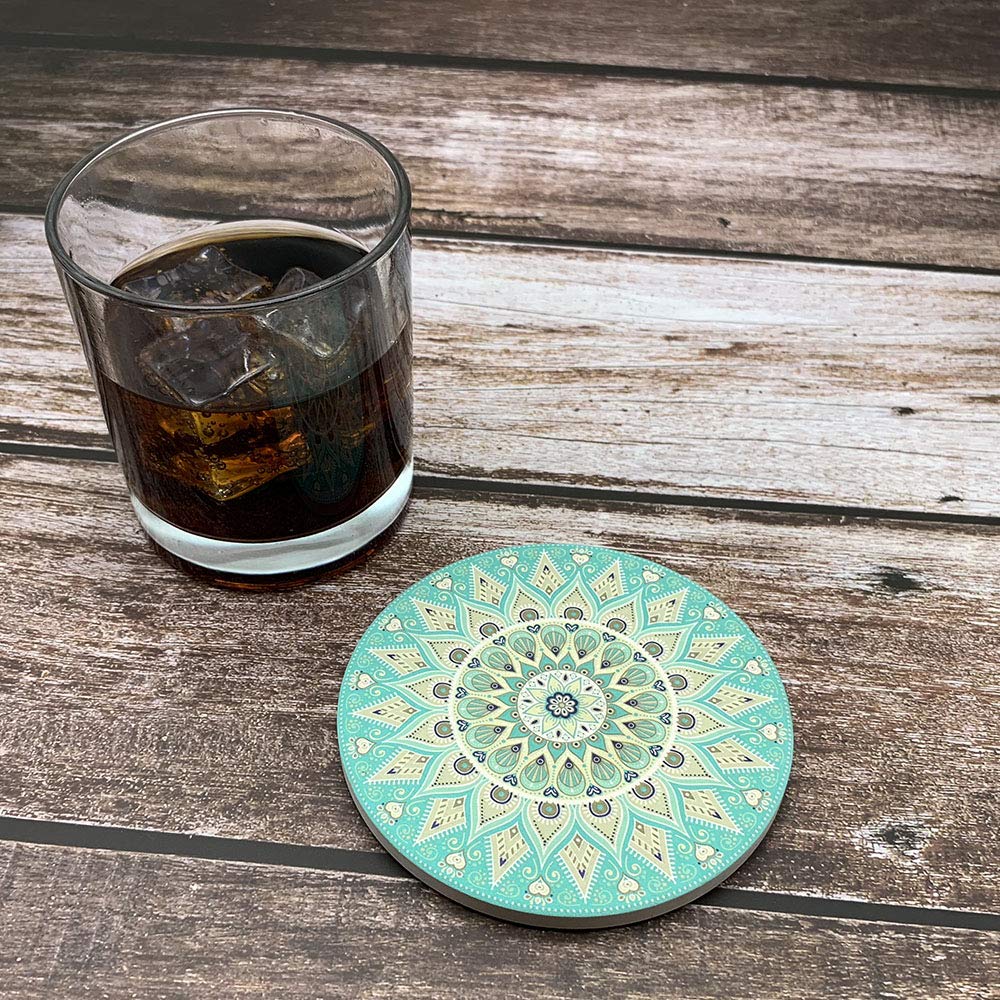 Kidac Absorbent Ceramic Coasters for Drinks with Protective Cork Base - Mandala Style (4 Pieces)