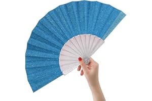 HeyToo Glitter Women Handheld Fan with Shining Transparent Fan Rib for Wedding,Church,Festival,Dance,Party Prom,Club,EDM Accessory Blue