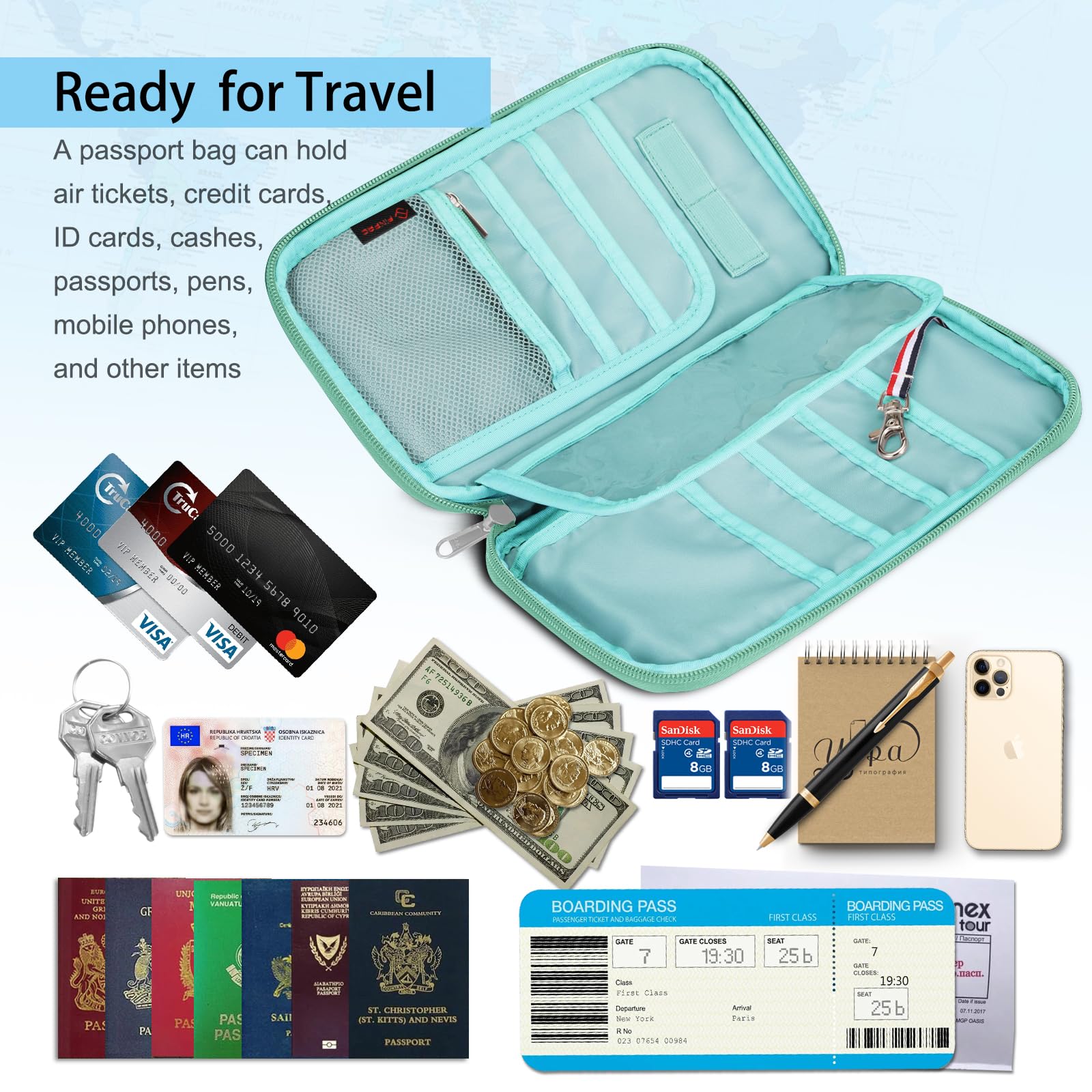 FINTIE Family Passport Holder for Travel, 6 People Big Capacity RFID Blocking Travel Document Organizer Clutch Bag with Pen Holder Keychain Credit Cards Case Cover for Women Men, Spring