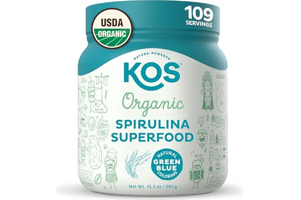 KOS USDA Organic Spirulina Powder - 100% Pure, Non-Irradiated Green Blue Superfood Powder, Plant Based Rich in Protein, Vitam