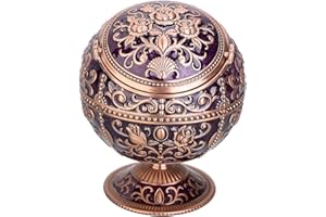 LAUYOO Windproof Ashtray with Lid for Cigarettes Metal Portable Cigar Ashtray Odor Eliminator for Indoor outdoor Hand Stamped Rose Pattern with Sparkle Fancy Gift for Men Women(Dark Purple-Red Copper)