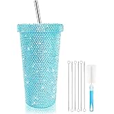 Bling tumbler Cup,Glitter Tumbler with 6 Pcs Straw Brushes 1 Pcs Cup Brush,Rhinestone Water Bottle with Straw Lid,Blue Stainless Steel Double Wall Vacuum Thermal for Women