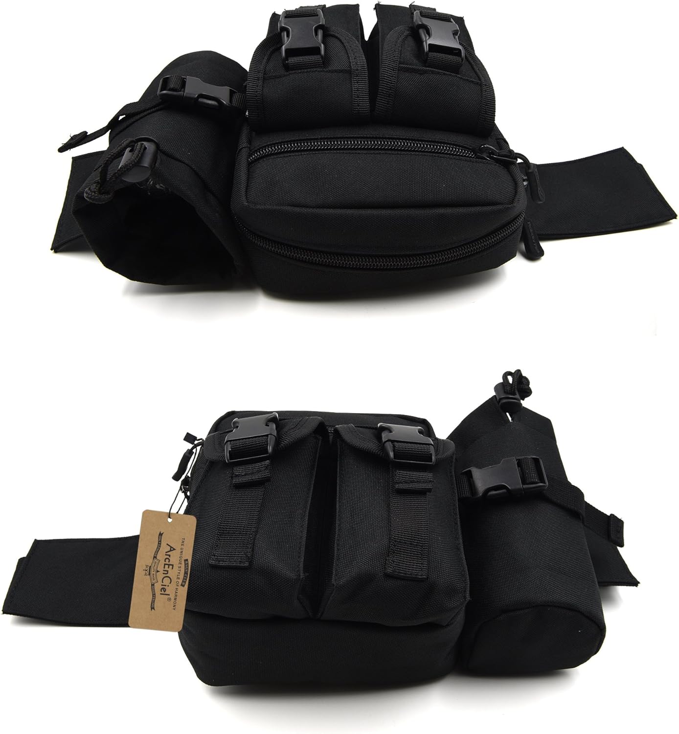 ArcEnCiel Tactical Waist Bag Waterproof Bum Bag Military Waist Utility Belt Water Bottle Pouch Pack for Trekking Hiking Walking Bike Cycling Climbing (Black) : Sports & Outdoors