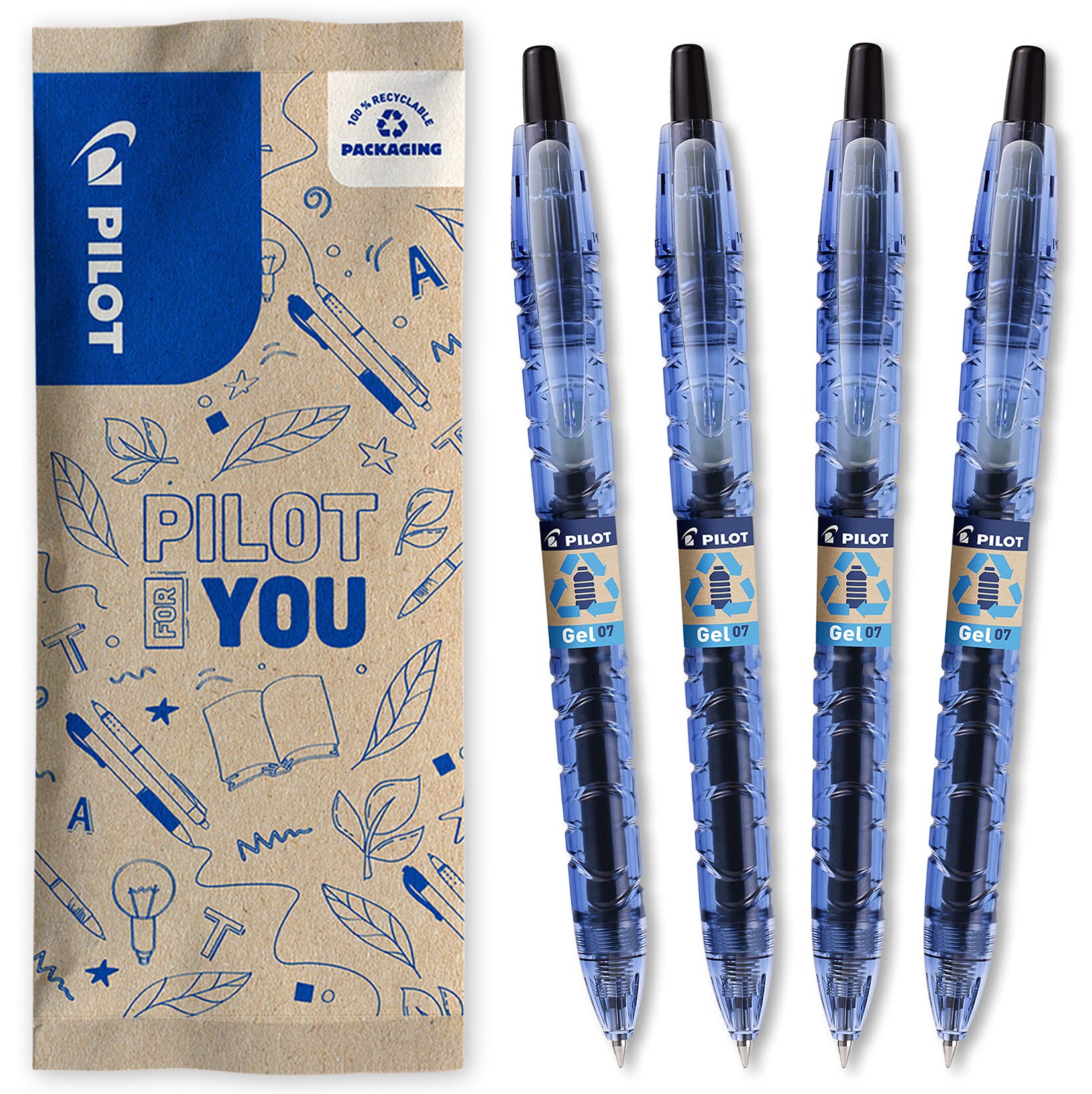 PILOT - Pack of 4 B2P Gel 0.7 - Gel Ink Roller Ball Pen - Medium - Begreen - Black