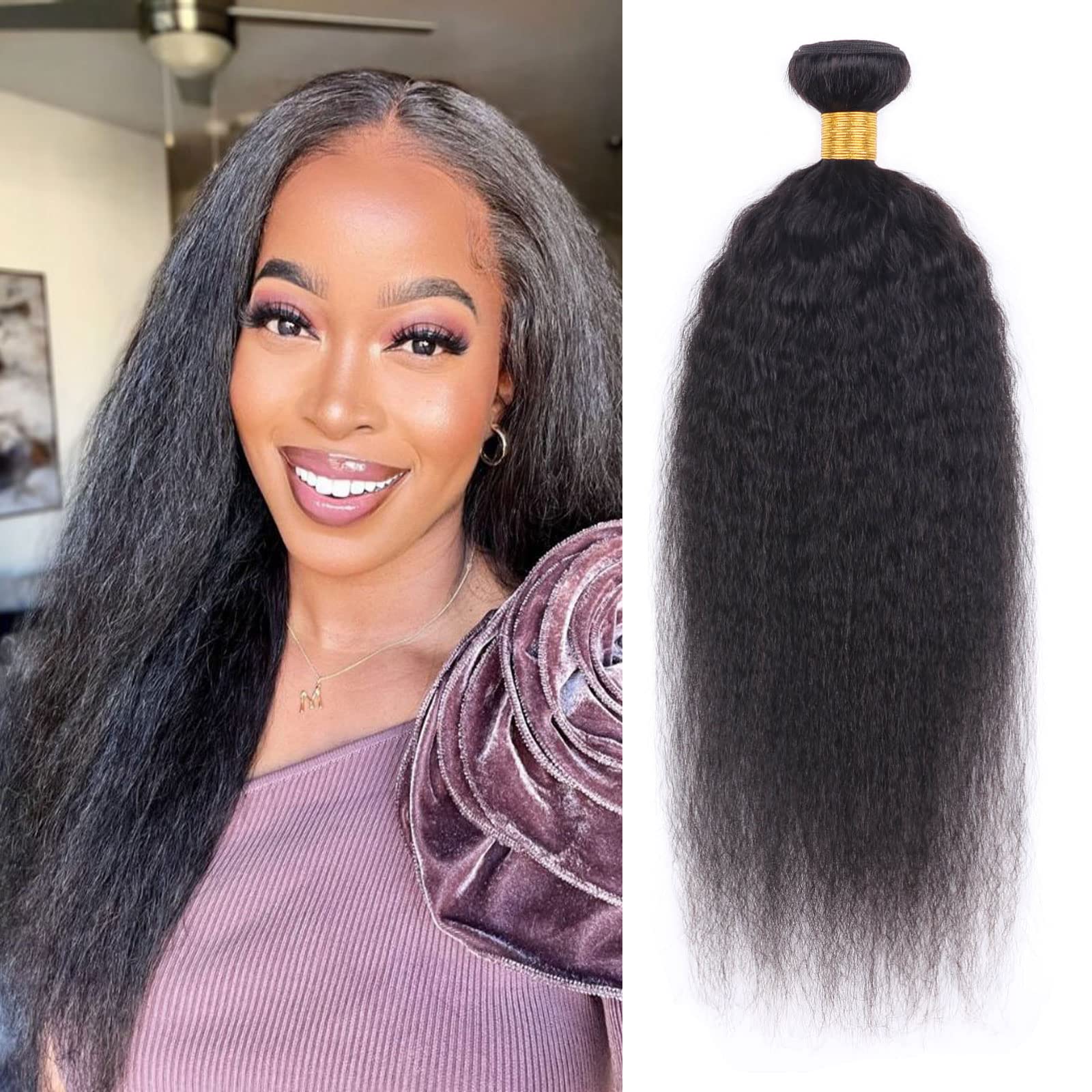 Huarisi 18 Inch Kinky Straight Bundles Weave Human Hair 1 Bundle Natural Yaki Bundles Brazilian Virgin Hair Extensions 100g a Lot Natural Colour Sew in Weaving — image 1
