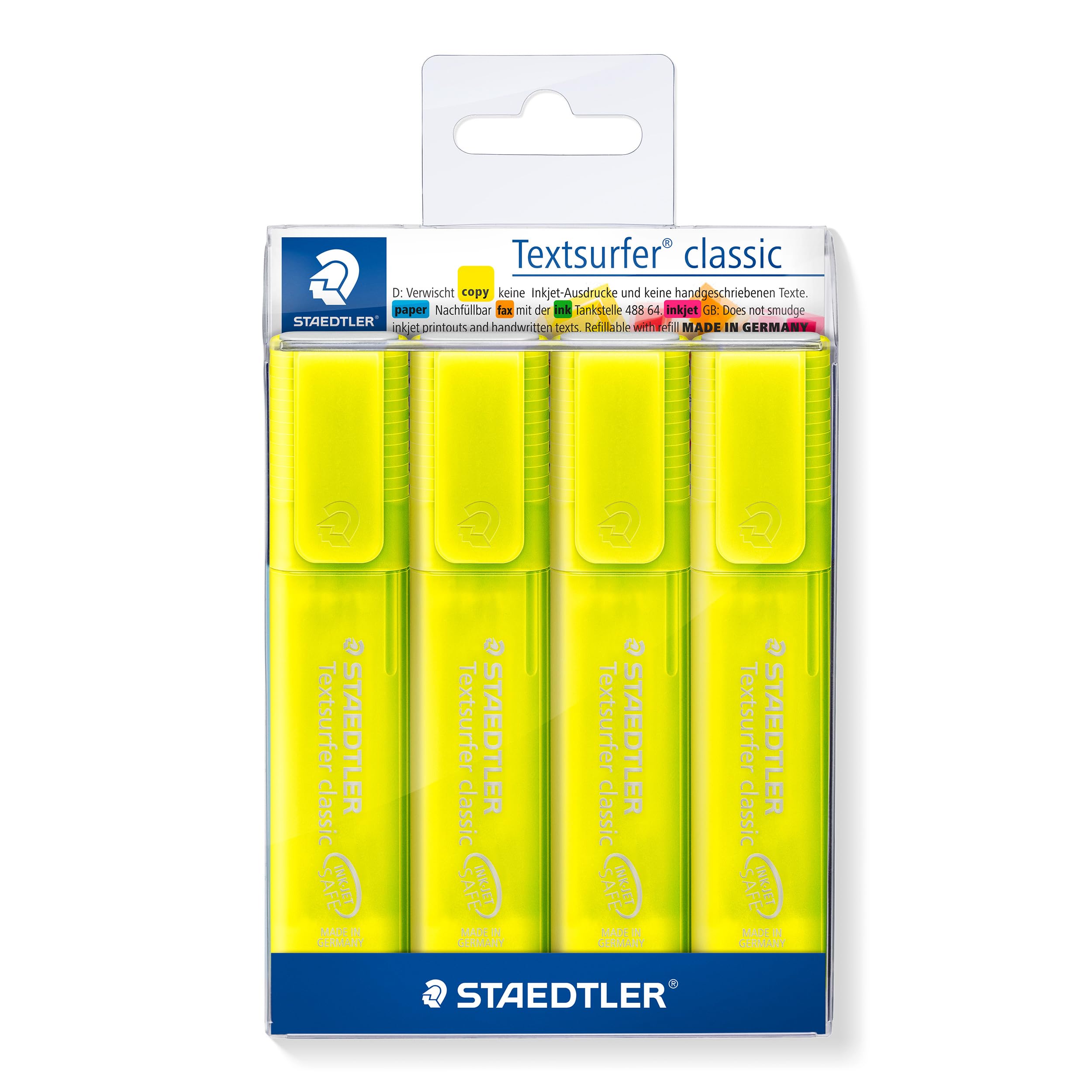 STAEDTLER Textsurfer Classic Highlighter Pens with Large Ink Reservoir for Extra Long Marking Performance Set of 4 Yellow Highlighters 364-1P WP4
