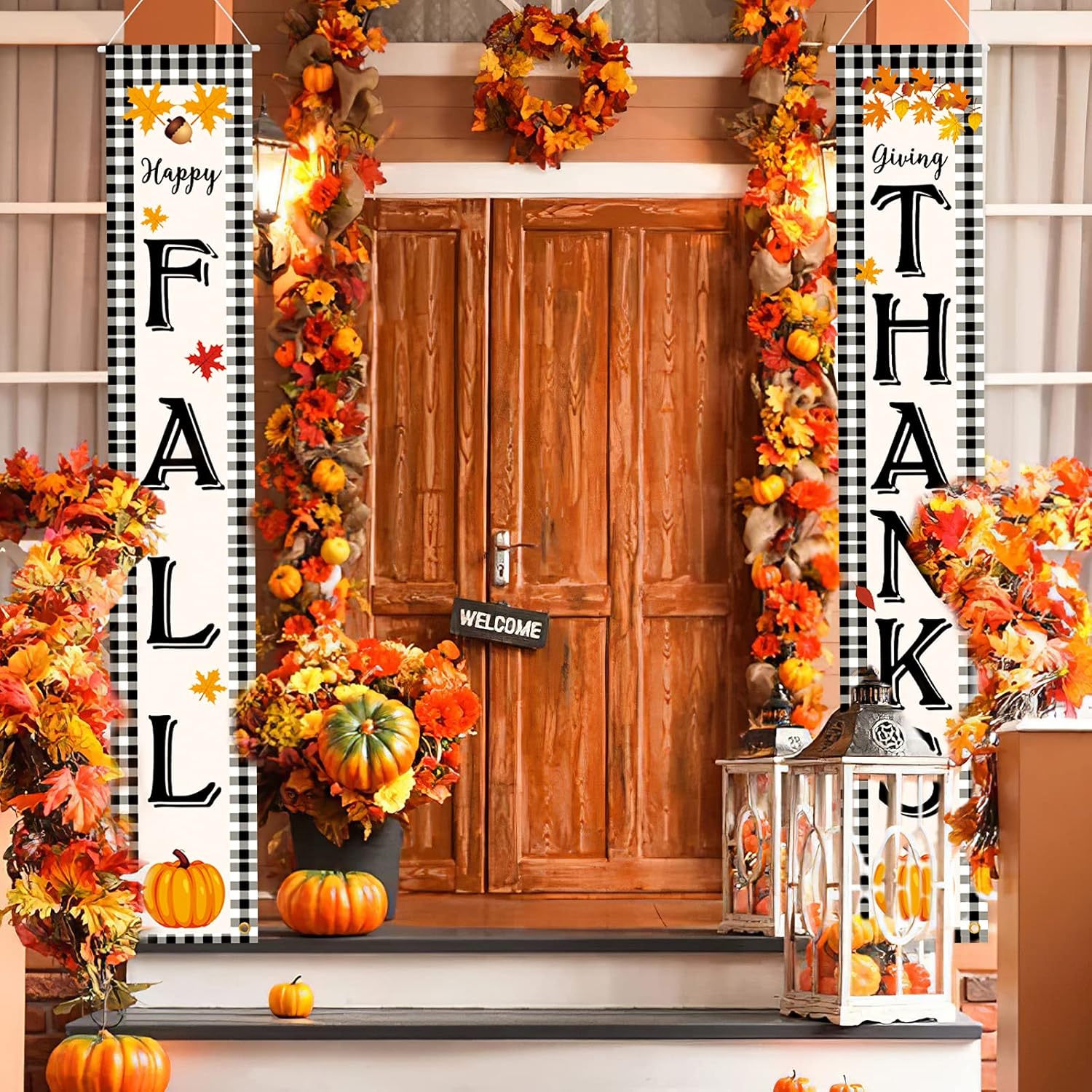 Yard Signs - PAIVSUN Fall Decor Porch Sign, Buffalo Plaid Fall Decorations for Home, Large Hanging Flags Porch Banners, Autumn Pumpkin Thanksgiving Front Door Porch Decor for Home Yard Garden Party Supplies