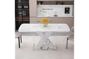 Modern Extendable Square Dining Table with White Marble-Look Top, MDF X-Shape Legs & Metal Base, Stretchable Kitchen Table fo